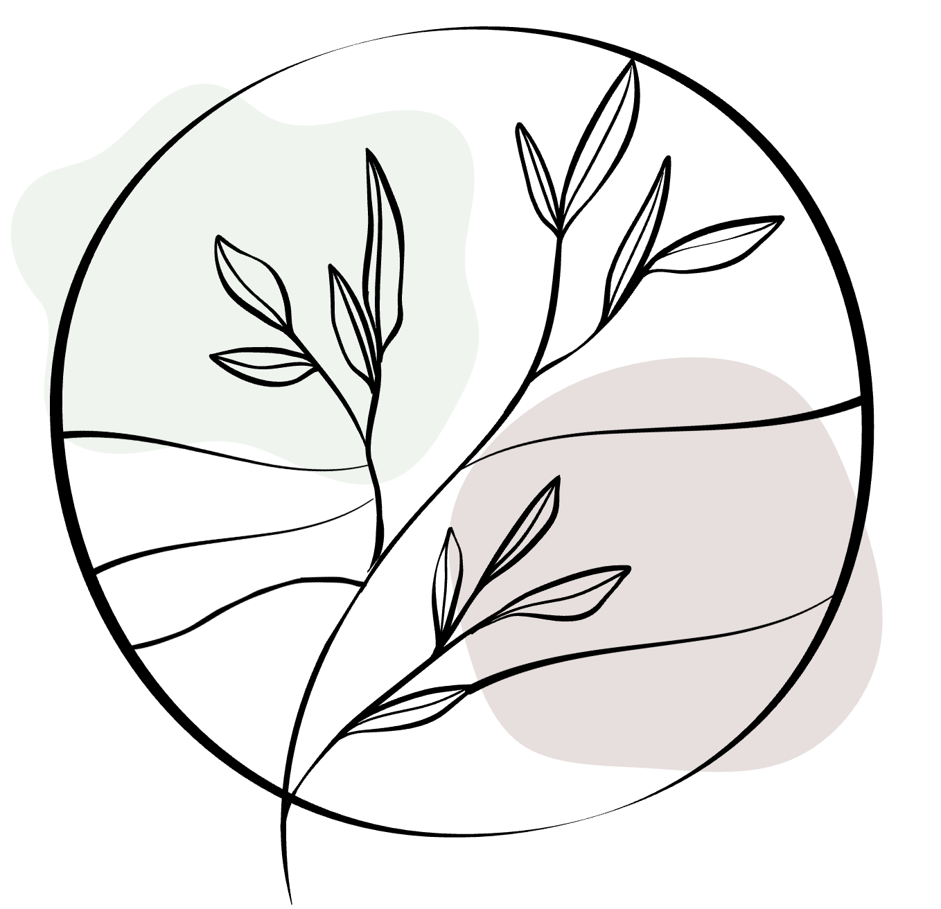 Simple, circular stylized design with a leafy plant.