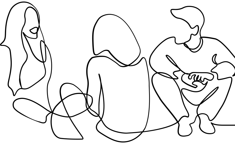 A continuous line drawing of three people talking.